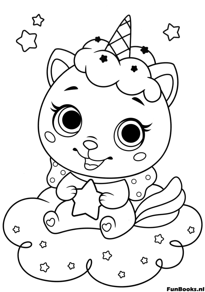 Sleepy caticorn cat with unicorn horn resting on a fluffy cloud with stars coloring page