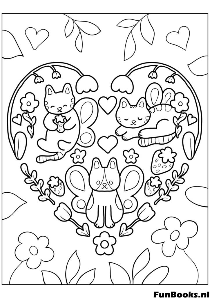 Family of cute cats inside a heart shaped floral wreath detailed coloring page for relaxation and pet lovers