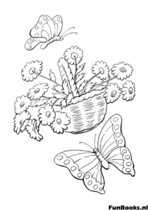 Cesta de mimbre llena de margaritas y flores de primavera con una mariposa dibujo para colorear