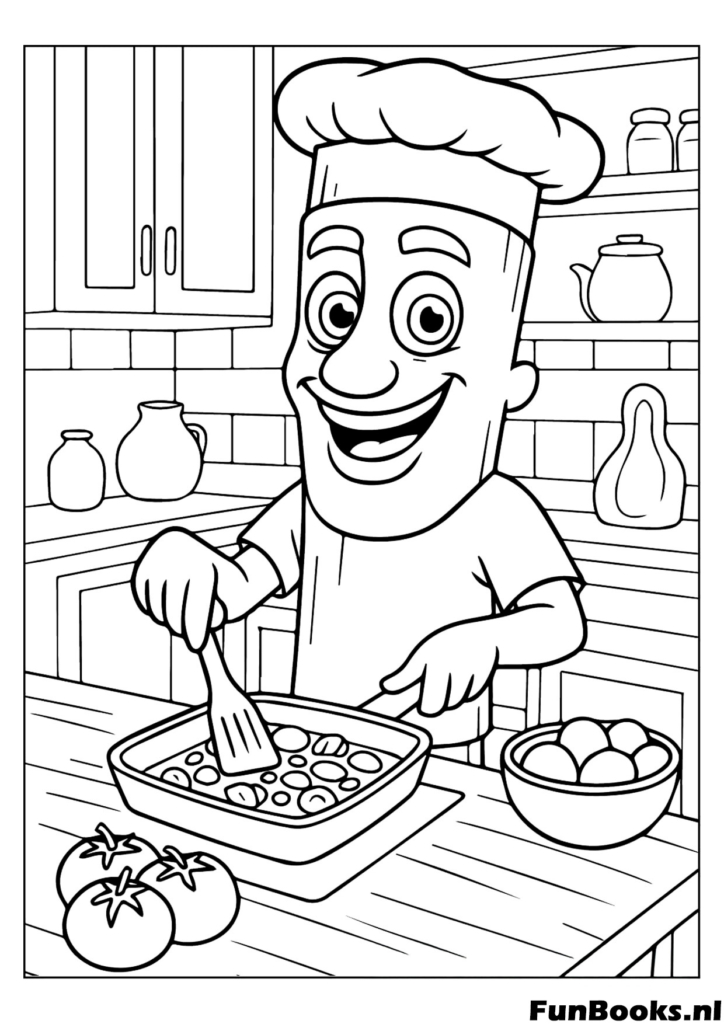 Maestro chef Tung Tung Sahur cocinando comida en la cocina divertido meme dibujo para colorear