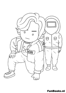 Cute chibi version of Player 456 and a pink guard standing together looking friendly Squid Game coloring pages