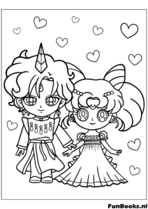 Chibi versie van Sailor Moon en Tuxedo Mask houden handen vast omringd door harten kleurplaat