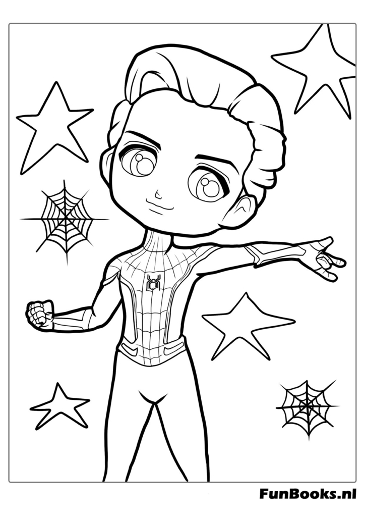 Mignon chibi Spider-Man sans son masque montrant le visage de Peter Parker coloriage