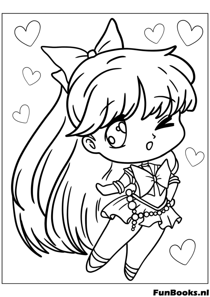 Mignonne Chibi Sailor Jupiter faisant un clin d'œil avec queue de cheval au vent style kawaii coloriage