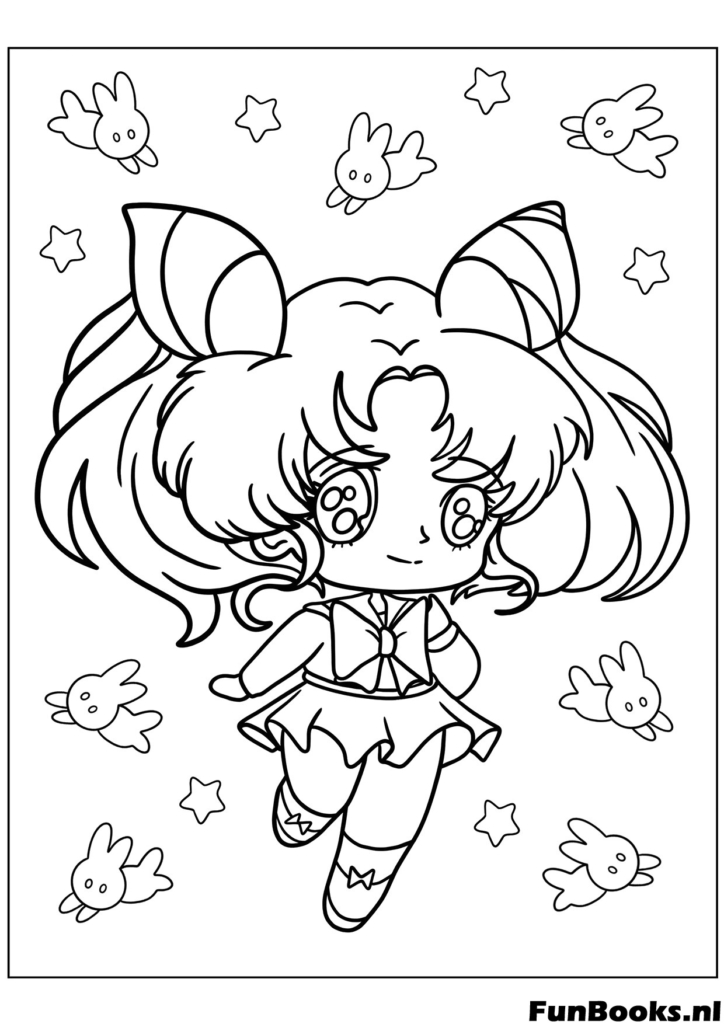 Enthousiaste Chibi Sailor Moon springt met konijntjes en sterren op de achtergrond kleurplaat