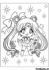 Süße Chibi Sailor Moon umgeben von Glitzer und Sternen Kawaii Anime Stil Ausmalbild