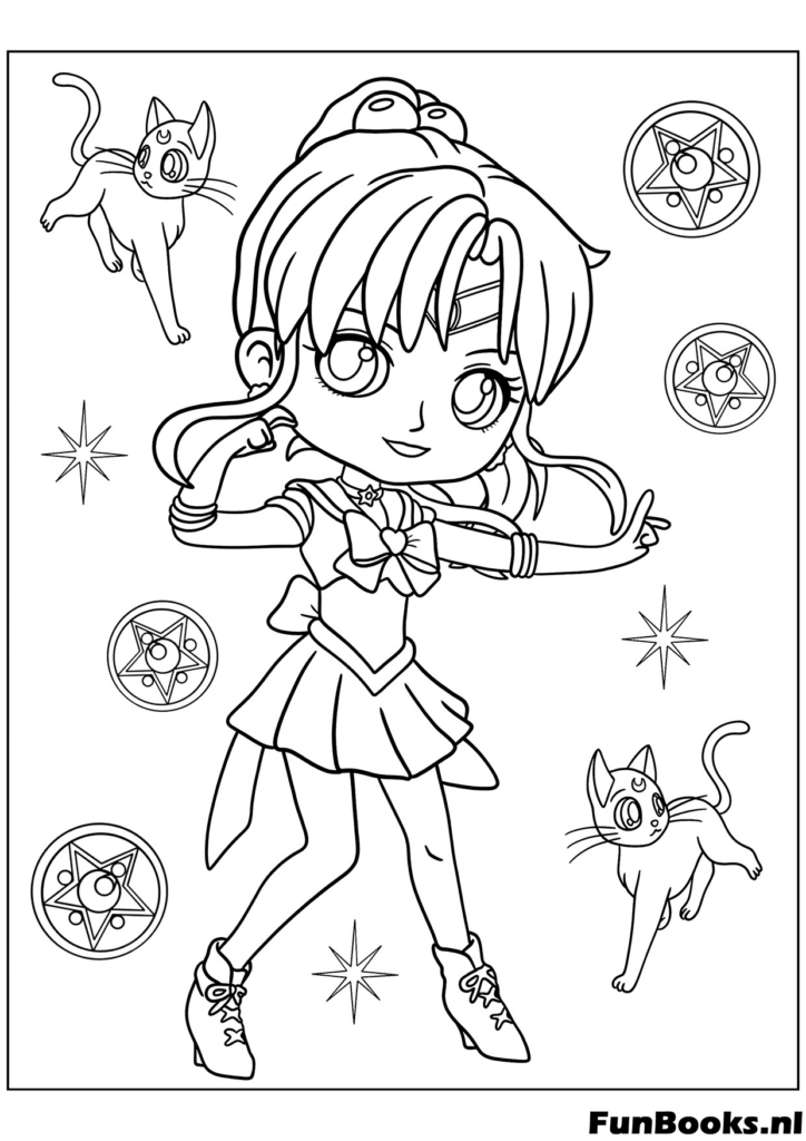 Cheerful Chibi Sailor Moon posing with cats Luna and Artemis in background coloring page