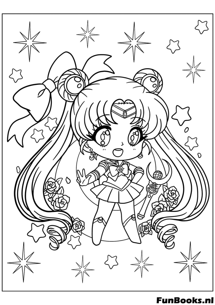 Mignonne Chibi Sailor Moon entourée de paillettes et d'étoiles style kawaii anime coloriage