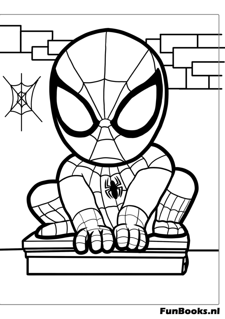 Cute baby Spider-Man crouching ready to jump coloring page