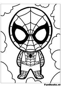 Adorable versión chibi pequeña de Spider-Man de pie valiente dibujo para colorear
