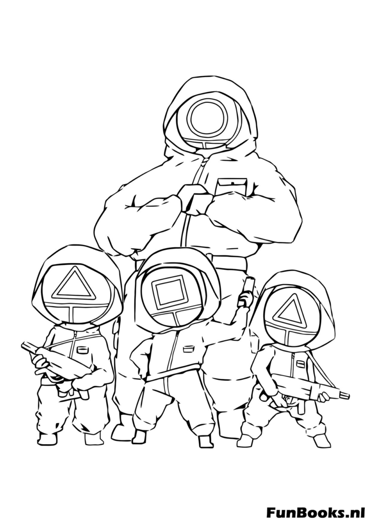 Ein Trupp kleiner süßer Chibi-Wächter die Waffen halten und zusammen in einer Gruppe stehen Squid Game Ausmalbild