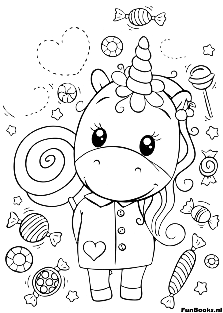 Chica personaje de unicornio elegante con piruleta y dulces moda dibujo para colorear