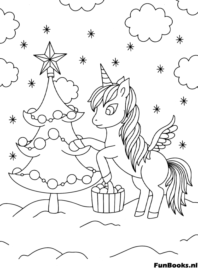 Festive unicorn standing next to a decorated Christmas tree holiday coloring page