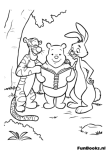Christopher Robin leest een verhalenboek voor aan zijn speelgoedvrienden Poeh Teigetje en Knorretje kleurplaat