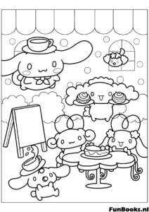 Cinnamoroll arbeitet in seinem Café Bäckerei und serviert Süßigkeiten und Tee Ausmalbild