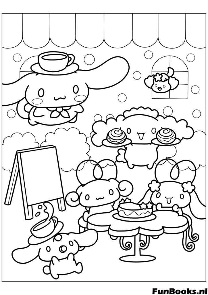 Cinnamoroll working at his cafe bakery serving sweets and tea coloring page