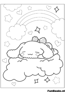 Gros plan de Cinnamoroll dormant sur un nuage duveteux faisant de beaux rêves coloriage