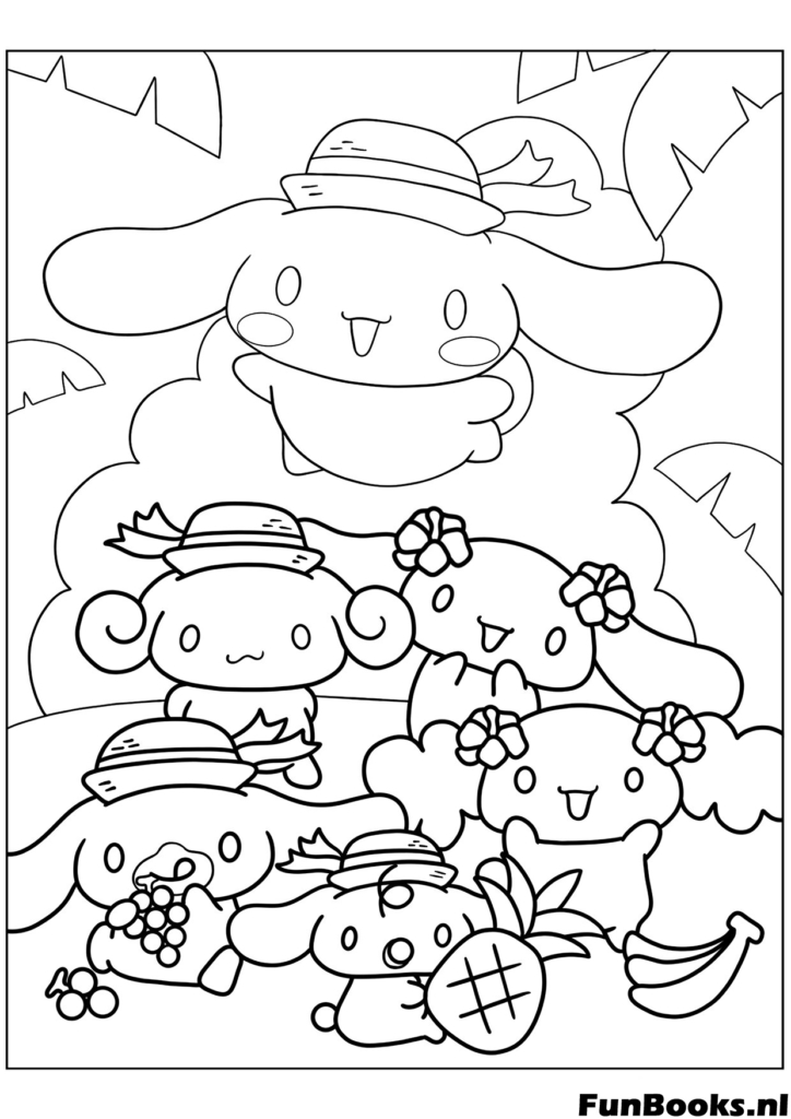 Cinnamoroll faisant une fête pique-nique avec tous ses amis Sanrio et de la nourriture coloriage