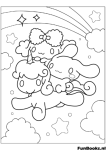 Cinnamoroll und Freunde fliegen am Himmel und halten Bündel von Ballons Ausmalbild