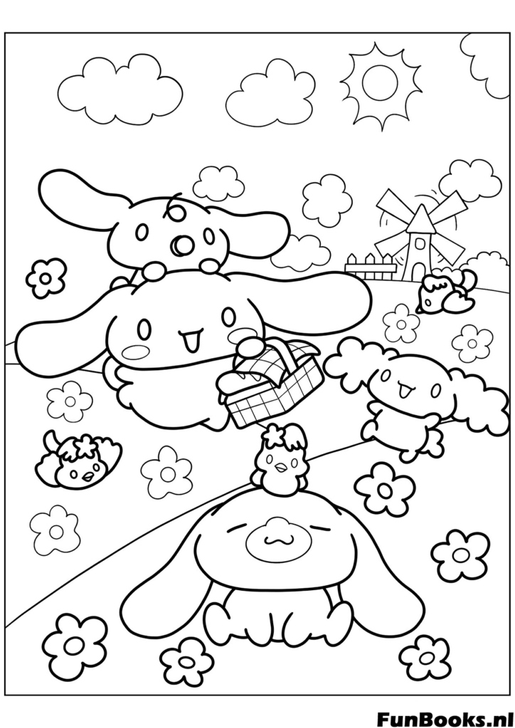Happy Cinnamoroll flying over a field of flowers with friends picnic scene coloring page