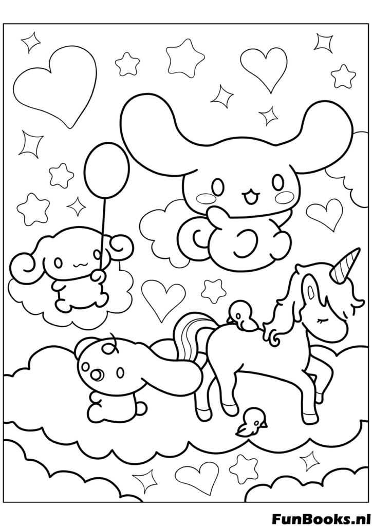 Cinnamoroll flying with friends Mocha and Chiffon on clouds with a rainbow coloring page