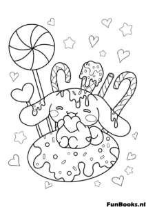 Cinnamoroll assis sur un beignet géant avec sucettes et bonbons kawaii coloriage