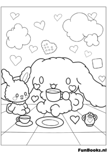 Cinnamoroll prenant un goûter avec un mignon ami lapin et du gâteau coloriage