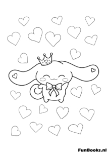 Cinnamoroll wearing a crown surrounded by love hearts Valentine's Day coloring page