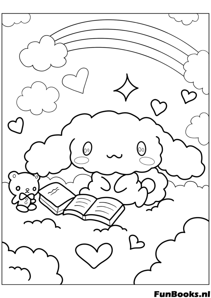 Slimme Cinnamoroll leest een boek op een wolk met een regenboog achtergrond kleurplaat