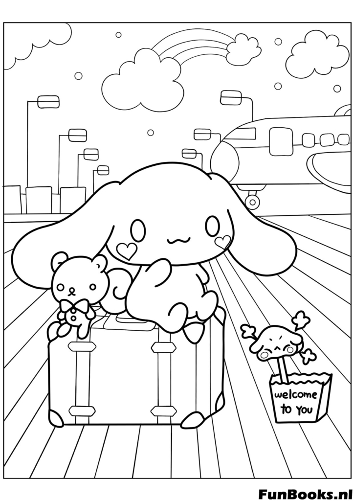 Cinnamoroll sentado en una maleta vintage listo para la aventura de viaje dibujo para colorear