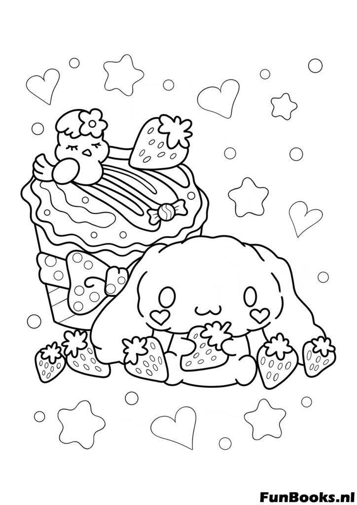 Schattige Cinnamoroll zit met een picknickmand vol bloemen en lekkernijen kleurplaat