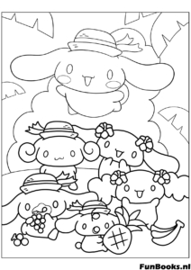 Cinnamoroll having a picnic party with all his Sanrio friends and food coloring page