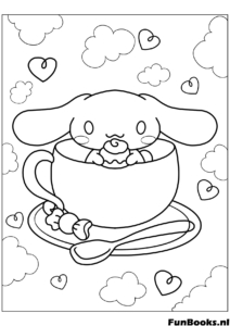 Classic kawaii Cinnamoroll sitting inside a large tea cup with saucer coloring page