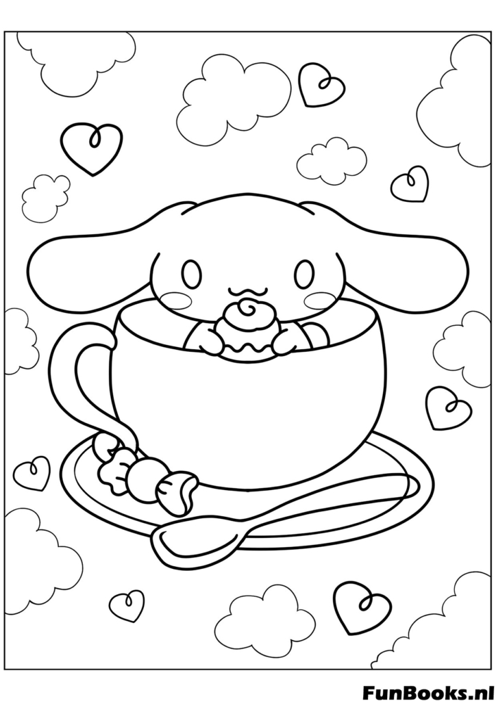 Klassischer Kawaii Cinnamoroll sitzt in einer großen Teetasse mit Untertasse Ausmalbild