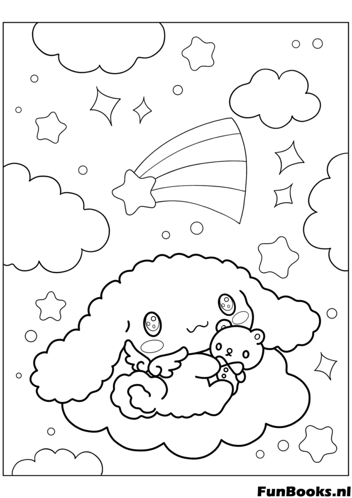 Schattige Cinnamoroll slaapt vredig op een wolk met maan en vallende sterren kleurplaat