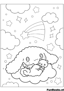 Cute Cinnamoroll sleeping peacefully on a cloud with moon and shooting stars coloring page