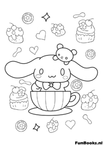 Cinnamoroll en una taza rodeado de dulces cupcakes y caramelos patrón dibujo para colorear
