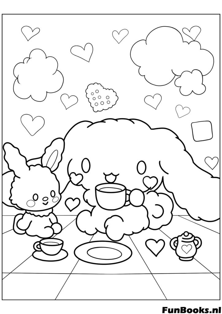 Cinnamoroll having a tea party with a cute bunny friend and cake coloring page