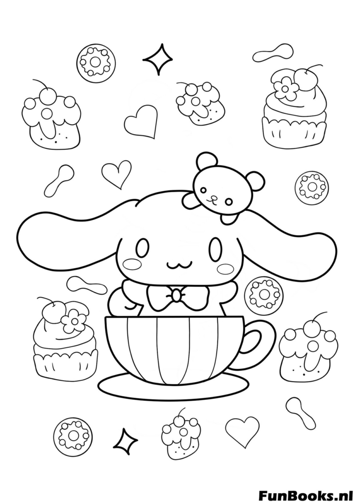Cinnamoroll in a cup surrounded by sweets cupcakes and candies pattern coloring page