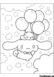 Mignon chiot Cinnamoroll tenant des ballons flottant dans les nuages coloriage
