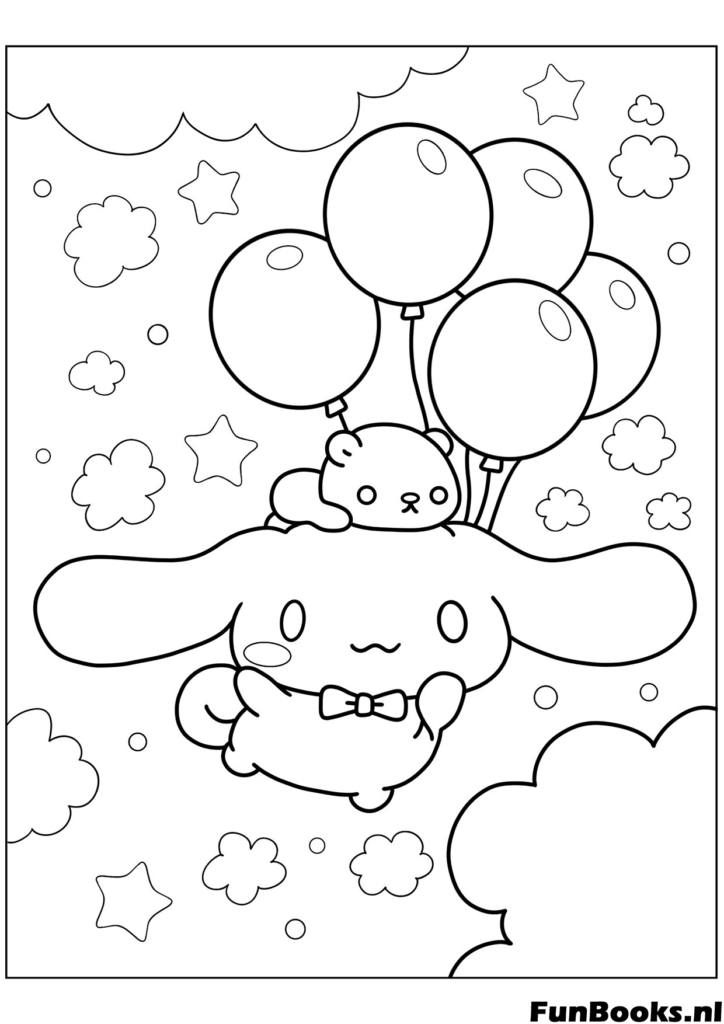 Mignon chiot Cinnamoroll tenant des ballons flottant dans les nuages coloriage