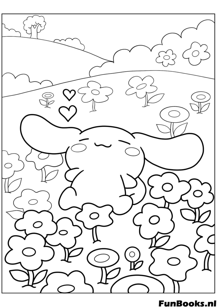 Adorable Cinnamoroll zweeft in een prachtige bloementuin lente natuur kleurplaat