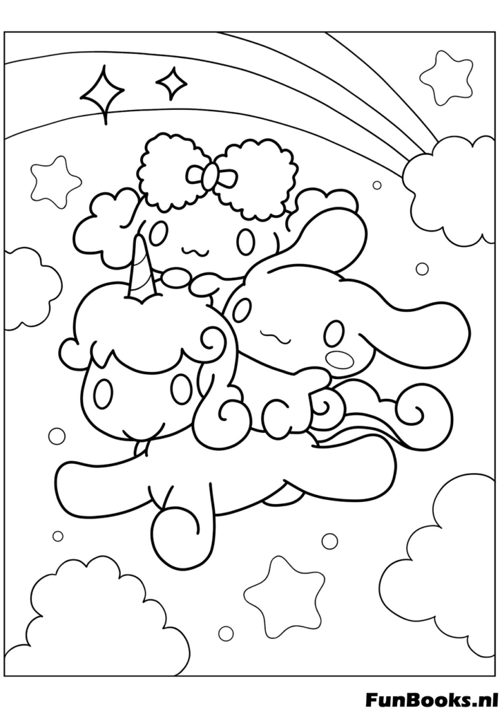 Cinnamoroll en vrienden vliegen in de lucht en houden bossen ballonnen vast kleurplaat