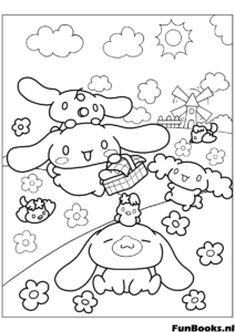 Feliz Cinnamoroll volando sobre un campo de flores con amigos escena de picnic dibujo para colorear