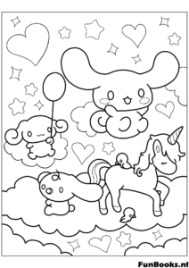 Cinnamoroll Vrienden Regenboog Wolken Kleurplaat Cinnamoroll vliegt met vrienden Mocha en Chiffon op wolken met een regenboog kleurplaat