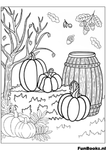 Scène de récolte avec citrouilles et un tonneau en bois près d'un arbre coloriage