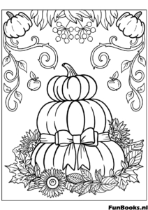 Trois citrouilles empilées les unes sur les autres avec un ruban décoration d'automne coloriage