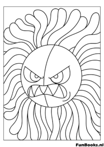 Detailed close up of Yarnaby the lion monster's scary face and mane coloring page