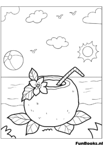 Refreshing coconut drink with a straw and umbrella tropical summer beverage coloring page