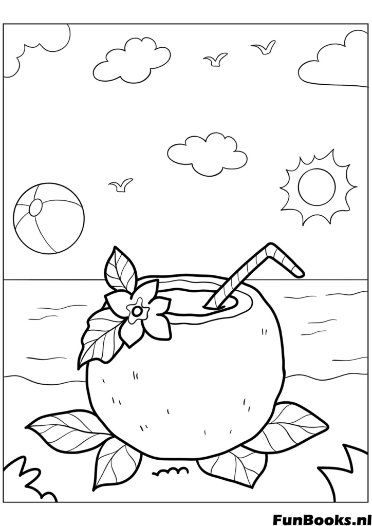 Refreshing coconut drink with a straw and umbrella tropical summer beverage coloring page